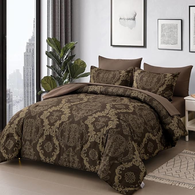 WONGS BEDDING Damask Comforter Set Queen Size, Coffee Gold Texture Design 7 Pcs Bed in a Bag Microfiber Comforter Bedding Sets -1 Comforter, 1 Flat Sheet, 1 Fitted Sheet, 2 Pillow Shams, 2 Pillowcases