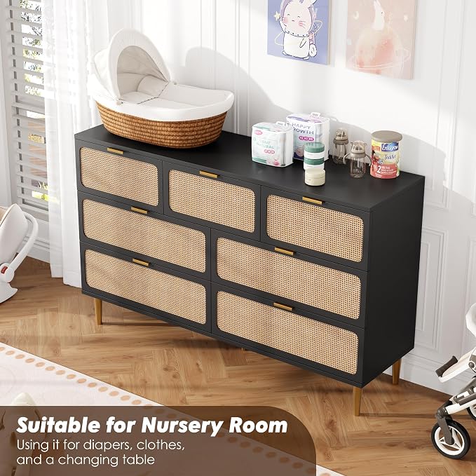 GarveeHome Rattan 7 Drawer Dressers for Bedroom, Deep Drawer, Black | Tall Dresser, Wide Top, for Living Room, Hallway, Kids Room, Large Chest of Drawers for Closet, Long Wooden Dresser