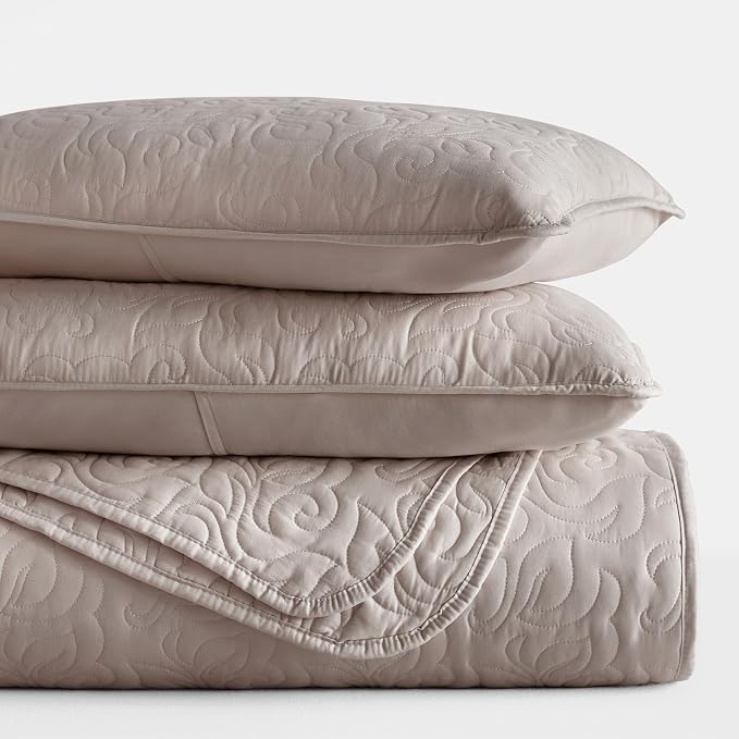 Merit Linens Modern Quilt Coverlet Soft Set in Floral Stitching - Full/Queen Latte
