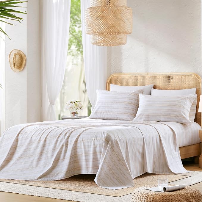 Comfort Spaces 100% Cotton Percale Sheets Twin Size 3 Pcs, Good Vibes Taupe | Crisp, Cool & Breathable Bed Sheets, 12" Deep Pocket Fits Up to 14" Mattress, Lightweight, All Season Cozy, with Pillow Case