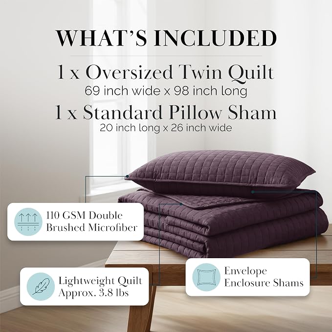Southshore Fine Living, Inc. Twin XL Quilt Set, Dorm Bedding Essentials, Stain Resistant, Machine Washable Purple Bed Spread, Twin XL Quilt Bedspread Set with Matching Pillow Sham, Purple Quilts