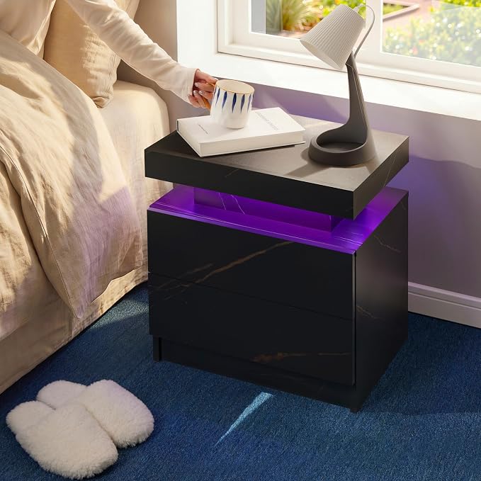 i-aplus LED Nightstand with Wood 2 Drawers Modern Bedside Table for Bedroom | Nightstands with App-Controlled RGB LED Lights, Night Stand with Storgae Drawer, Modern Bedside Table for Bedroom