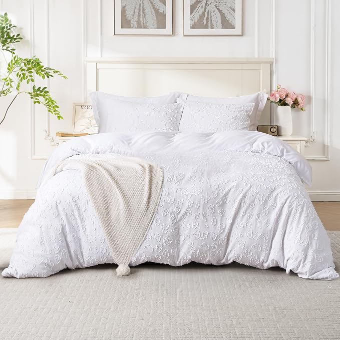 White Leopard Print Textured Tufted Duvet Cover Set, 2 Pieces Super Soft Comforter Cover Bedding Set Breathable Cozy Bedding Set Twin, Includes 1 Duvet Cover, 1 Pillowcase (Jacquard White, Twin Size)