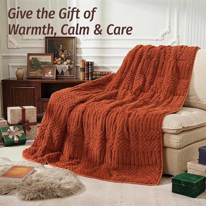 Sherpa Fleece Weighted Blanket for Adults, Orange 60" x 80" 15 lbs | Queen Size Bed, Super Soft Fuzzy Heavy Throw Blankets for Better Sleep and Relaxation, Jacquard Knitted, Chunky Warm Fluffy