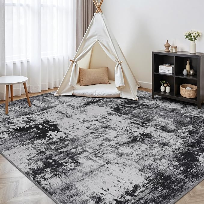 Rugflix 6x9 Area Rugs for Living Room, Washable Black Grey Dark Large Rug | Machine Washable; Stain-Resistant; Low Pile; Non-Slip; Modern Abstract; Carpet for Bedroom Dining Office Nursery Home