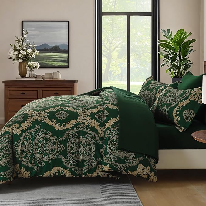 WONGS BEDDING Green Damask Queen Size Comforter Set, 7 Piece Texture Microfiber Comforter Bedding Set for All Season, Bed in a Bag with Comforter, Flat Sheet, Fitted Sheet, Pillowcases & Shams