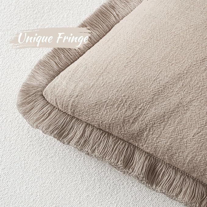 MIULEE Boho Natural Linen Fringe Decorative Throw Pillow Covers 16x16 | Set of 2, Cottagecore Decor, Boho Farmhouse Neutral Pillow Covers, Rustic Couch Cushion Cases for Sofa Bed Living Room