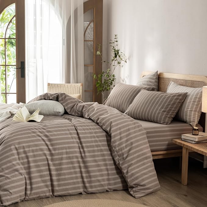 BESTOUCH Striped Cotton Duvet Cover Set Linen Feel Oversized Full | 100% Washed Cotton, Soft Wrinkle Texture, Hidden Zipper, 8 Ties, Breathable Lightweight Durable Comfy, 3 Pcs No Insert