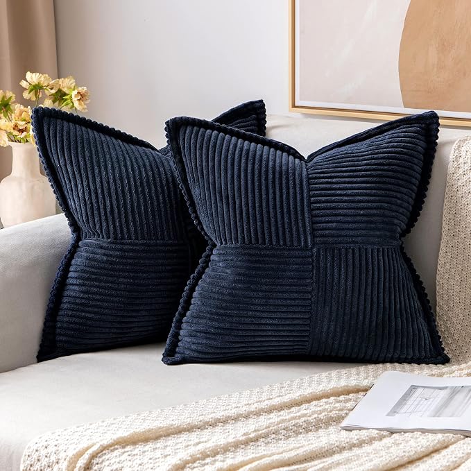 MIULEE Decorative Throw Pillow Covers for Couch 18x18 Inch Navy Blue 2 Pack | Boho Broadside Striped Patchwork Pillow Covers, Soft Corduroy Cushion Cases, For Sofa Bed Livingroom Home Decor
