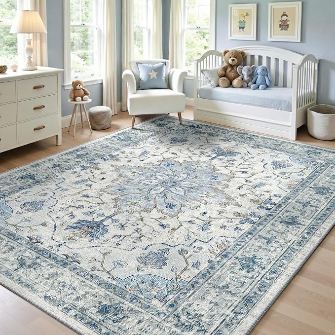RELEANY Washable Area Rug, 5'x7', Blue/White/Gray | Non-Slip, Water Repellent, Pet Friendly, Easy to Clean, Vintage Floral Boho Decor for Living Room Bedroom Dining Room Office