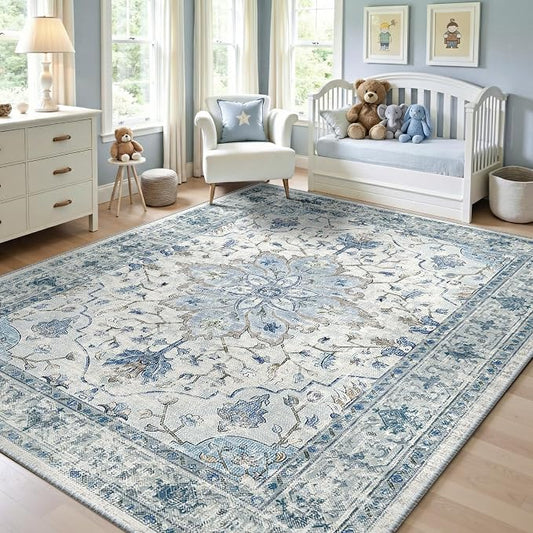 RELEANY Washable Area Rug, 5'x7', Blue/White/Gray | Non-Slip, Water Repellent, Pet Friendly, Easy to Clean, Vintage Floral Boho Decor for Living Room Bedroom Dining Room Office