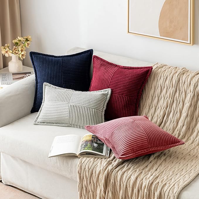 MIULEE Decorative Throw Pillow Covers for Couch 18x18 Inch Cranberry Red | Boho Broadside Striped Patchwork Pillow Covers, Soft Corduroy Cushion Cases, For Sofa Bed Livingroom Home Decor