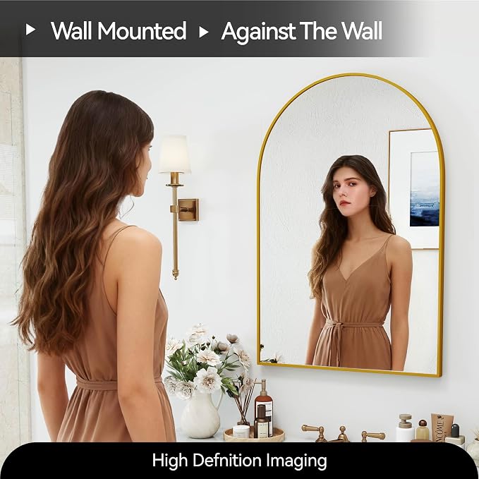 36x24 Bathroom Mirror Arch Wall Mounted/Against Aluminum Frame Gold | HD Crystal Clear No distortion Tempered Glass,Make-Up Vanity Mirrors for Bedroom,Entryway,Living Room