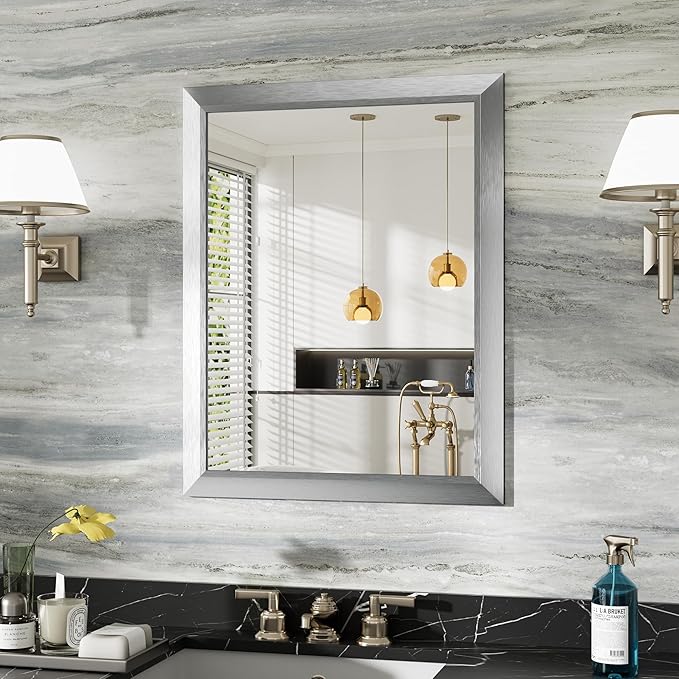 Bathroom Wall Mirror, Silver Brushed Nickel Metal Frame, 24x30 Inch | Anti-rust, HD tempered glass, for bathroom vanity, bedroom, living room, horizontal or vertical mount