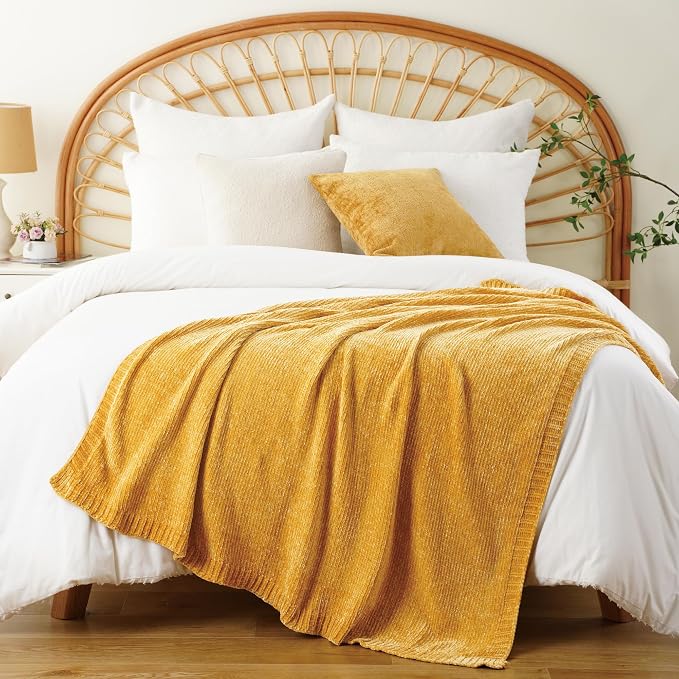 Mustard Yellow Throw Blanket for Couch, Chenille Throw Blanket 51"x67" | Shiny Chenille Blanket, Cozy Brethable Knit Throw Blanket, Fall Mustard Blanket for Bed Sofa Home Decor