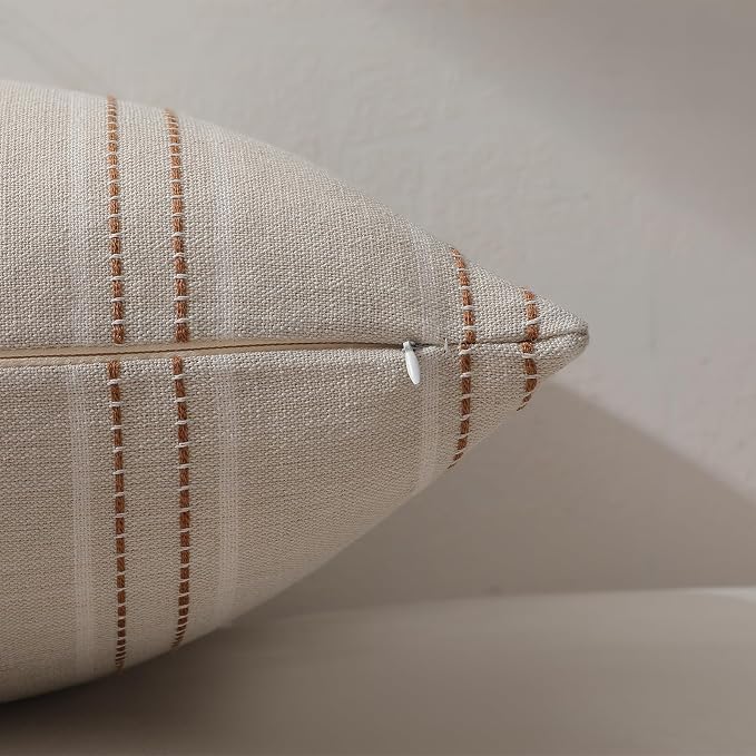 Hckot Caramel Throw Pillow Covers 22x22 Set of 2 Fall Pillow Covers | Textured Linen Striped Decorative Pillows Square Cushion Covers for Sofa Couch Bed Living Room Farmhouse Decor