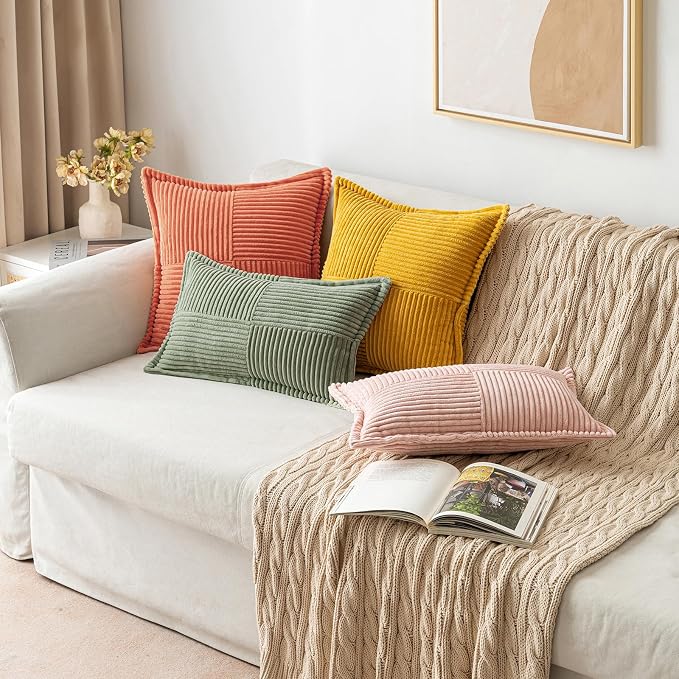 MIULEE Decorative Throw Pillow Covers for Couch 18x18 Light Olive Green | 2 Pack, Boho Broadside Striped Patchwork Pillow Covers, Soft Corduroy Cushion Cases, For Sofa Bed Livingroom Home Decor