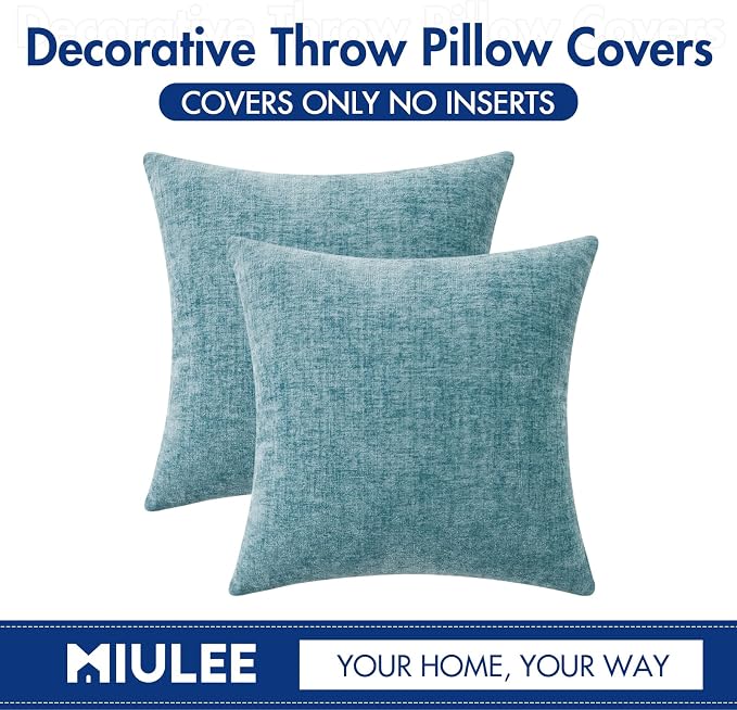 MIULEE Soft Chenille Throw Pillow Covers Smoke Blue 16x16 Inch Pack of 2 | Modern Coastal Home Decor, Classic Decorative Pillows, Solid Dyed Cases, Boho Couch Cushion Covers for Sofa Bed Living Room