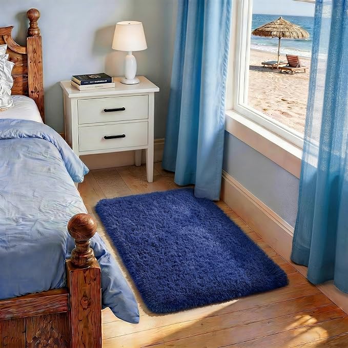 Ophanie Small Rug Washable Non Slip Throw Bedside Area Rugs, Fluffy Soft Blue Mini Bedroom Carpet, Affordable Door Entryway Indoor Inside Front Entrance Dog 2x3 Mat, Home Decor Aesthetic, Nursery
