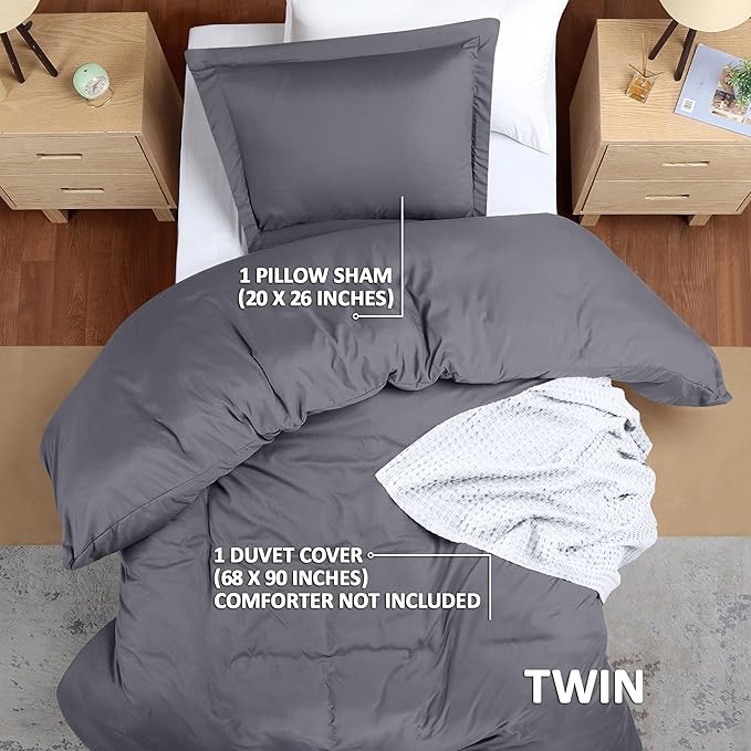 Duvet Cover Twin/Twin XL, 3 PC Cotton Like Polyester, Zipper Closure, Grey | Extra Soft and Breathable, Wrinkle & Fade Resistant, Includes Duvet Cover and 1 Pillow Sham, Comforter Not Included, OekoTex