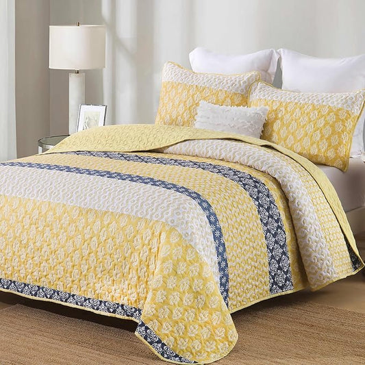 Cottolester Boho Full Size Quilt Set, Yellow Striped Bedspread Bedding | Soft Microfiber Coverlet,Breathable All-Season,Machine Washable,3-Piece Set,Fits King 90"x78",Cozy Essential for Men Women