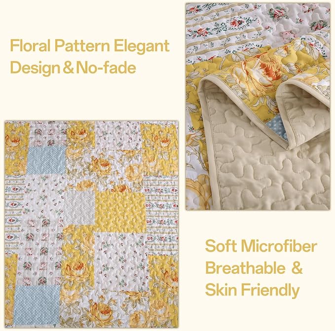 Yellow Patchwork Quilt Set King Size, Rose Floral Plaid Bedspread | 3 Pcs Country Flower Coverlet Set, Soft Lighweight Farmhouse Quilt Bedding Set 3 Pieces for All Season, 110''x90''