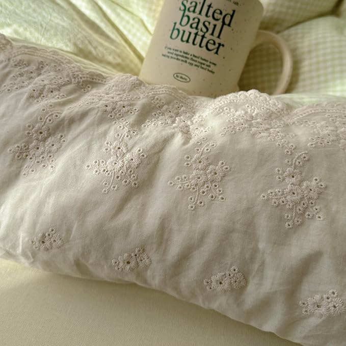 mixinni Green White Gingham Duvet Cover Twin XL Size - 3 Piece Cottagecore Plaid Bedding Set with Lace Trim, Soft Washed Microfiber Vintage Aesthetic Grid Comforter Cover & Pillow Shams