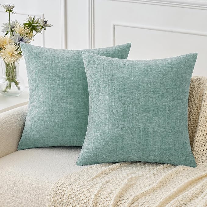 MIULEE Soft Chenille Throw Pillow Covers Aqua Green 18x18 Inch Pack of 2 | Modern Home Decor, Classic Decorative Pillows, Solid Dyed Cases, Boho Couch Cushion Covers for Sofa Bed Living Room