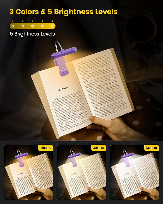 Glocusent Rechargeable Book Light, Clip on Light for Bedtime Reading | Eye Caring, 3-Color, 5 Brightness, Ergonomic, Traveling, Stocking Stuffers Gifts for Book Lover, 1.8Oz Lightweight & Portable