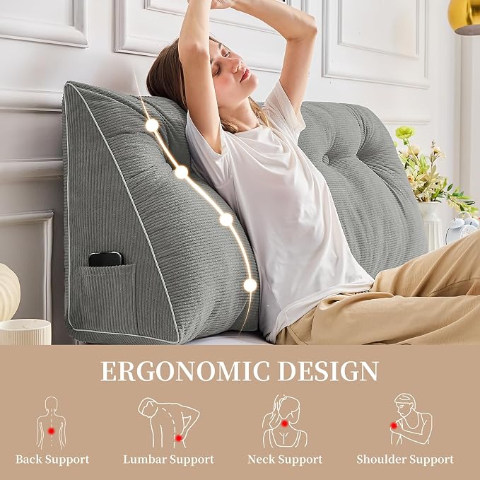 Sasttie Headboard Pillow King, Wedge Pillow Headboard, Light Grey | Triangle Backrest Cushion for Sitting or Reading in Bed, Dorm Essentials, OEKO-TEX, Down Alternative Fill, Side Pockets