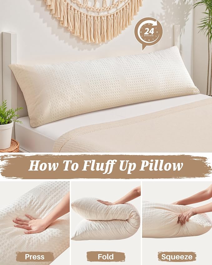 YZ HOME Waffle Weave Body Pillow for Adults, Memory Foam Insert | Long Pillow with Removable Pillowcase, Firm and Fluffy, Large Bed Pillows for Side Sleepers, Washable, 20x54 Inch, Beige