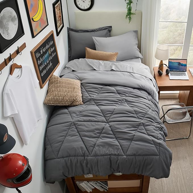 BEDELITE Twin XL Comforter Set 5 Pieces, Reversible Dark Grey Bed in A Bag | Soft All Season Down-Alternative Comforter, Sheets, Pillowcases & Shams, OEKO-TEX Certified Bedding for Drom Room, College