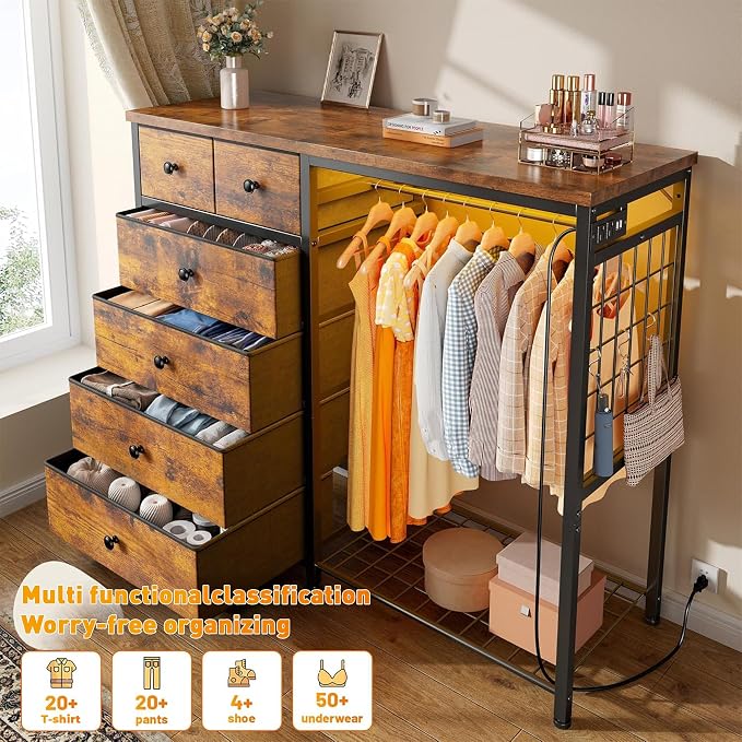 EnHomee 49.2" W Dresser with Hanging Rack & 6 Drawers, Grid Panel & 4 Hooks | Featuring LED Lights and Charging Station, Wooden Top Organize Unit for Bedroom, Chest of Drawers with Steel Frame, Brown