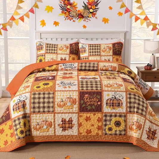 Fall Patchwork Quilt Set King, Thanksgiving Pumpkin Maple Leaves Bedding | Orange Brown Autumn Bedspread Sunflower Pattern, Soft Microfiber Coverlet Thanksgiving Day Gift with 2 Pillowcases