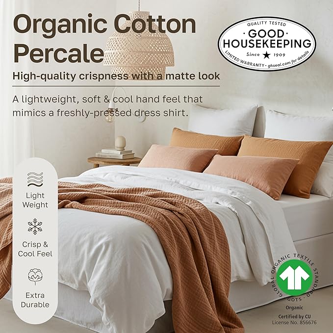 California Design Den 2 Pack Organic Cotton Queen Size Sheets Deep Pocket | GOTS Certified, Lightweight Crisp & Airy Percale For Hot Sleepers, 15" Deep Pocket, All-around Elastic - Bright White