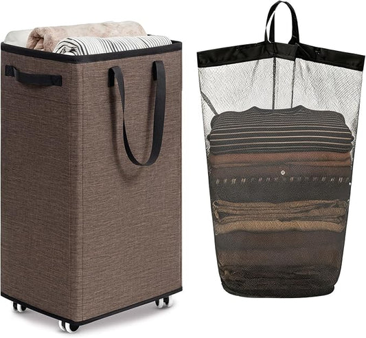 Goodpick 75L Collapsible Laundry Baskets with Removable Wash Bag and Wheels | Rolling Laundry Basket with Handles for Dirty Clothes, Fodable Hamper for Laundry Room, Light Brown