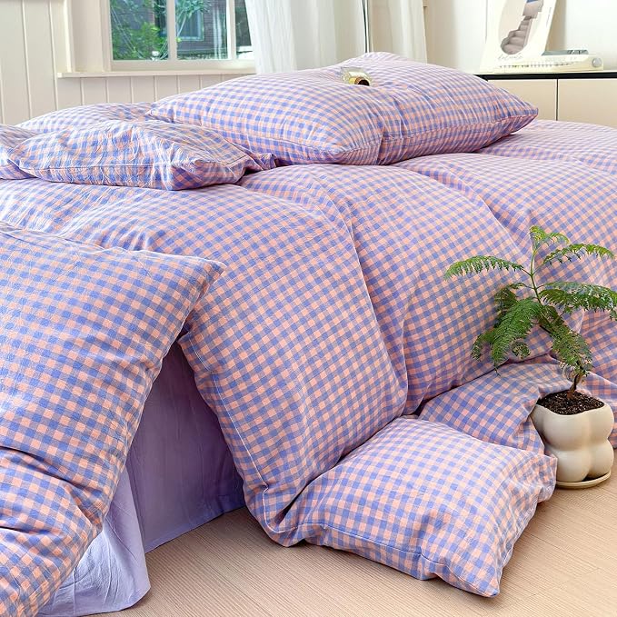 LifeTB Purple Gingham Comforter Set King Modern Plaid Checkered Pattern Comforter Soft Gingham Bedding Set Lightweight Purple Pink Grid Plaid Bedding Comforter Fluffy Checkered Comforter Set