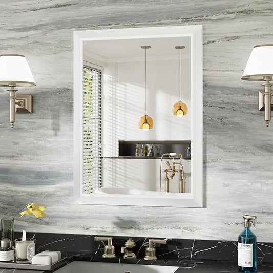 Bathroom Wall Mirror, White Metal Frame, 24x32 Inch | Anti-rust, HD tempered glass, for bathroom vanity, bedroom, living room, horizontal or vertical mount