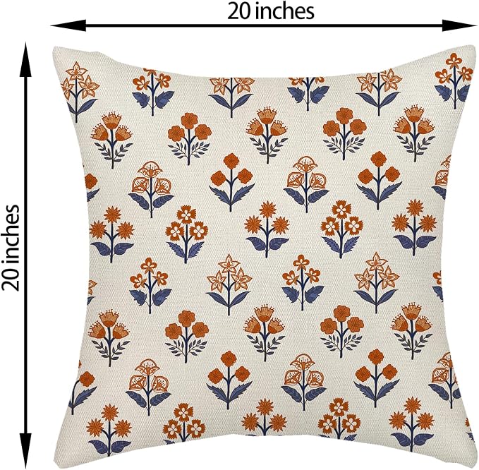 Fall Burnt Orange Blue Pillow Covers 20x20 Inch 2 Pcs Block Print Vintage Floral Decor Throw Pillows Boho Flower Summer Outdoor Seasonal Decoration Pillowcase Linen Cushion Cover for Couch Sofa