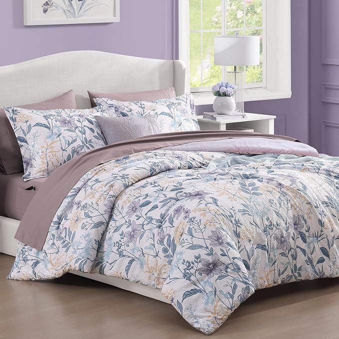 Full Size Comforter Sets - 7 Pieces Floral Bed in a Bag Full Bedding Set | Purple Botanical Flowers Comforter Set with Sheets, Pillowcases & Shams for All Seasons
