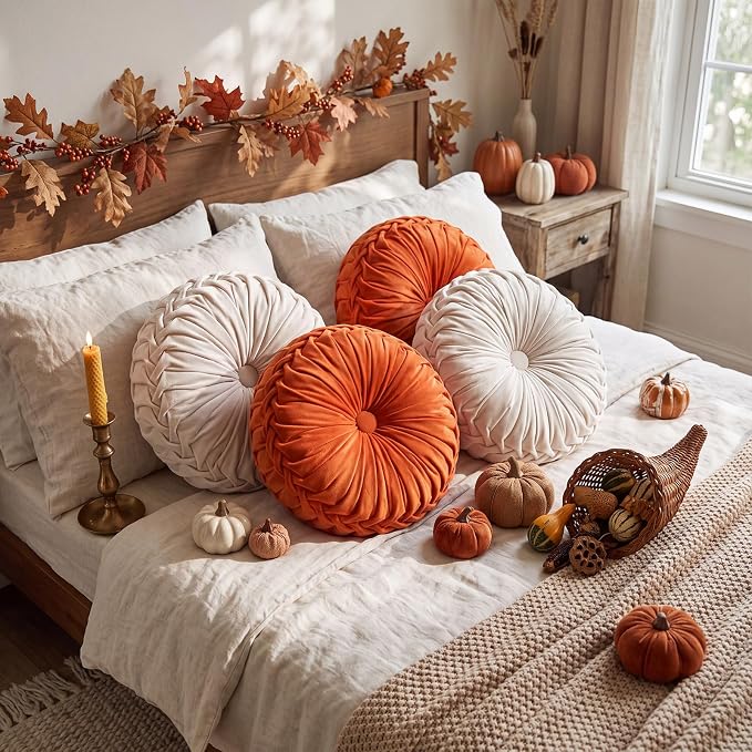 Kathfly 4 Pcs Decorative Round Pleated Throw Pillows, Classy Velvet Pumpkin Round Throw Pillows, Decorative Floor Pillow for Bed Chair Home Sofa Decor, 14" Diameter (Cream,Burnt Orange)