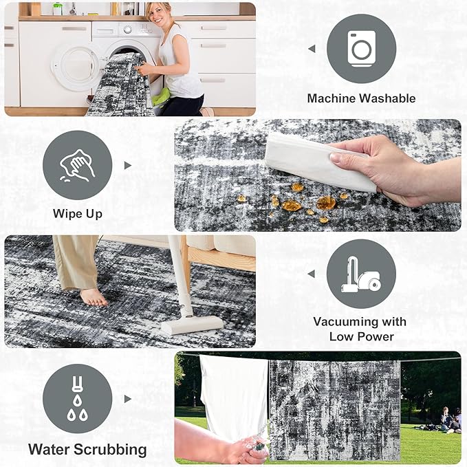 PLHXFR 9x12 Area Rug Living Room: Modern Abstract Washable Carpet Black | For Bedroom Dining Room Farmhouse Nursery Home,Machine washable,Non Slip,Large Soft Neutral,Stain Resistant, Indoor Floor