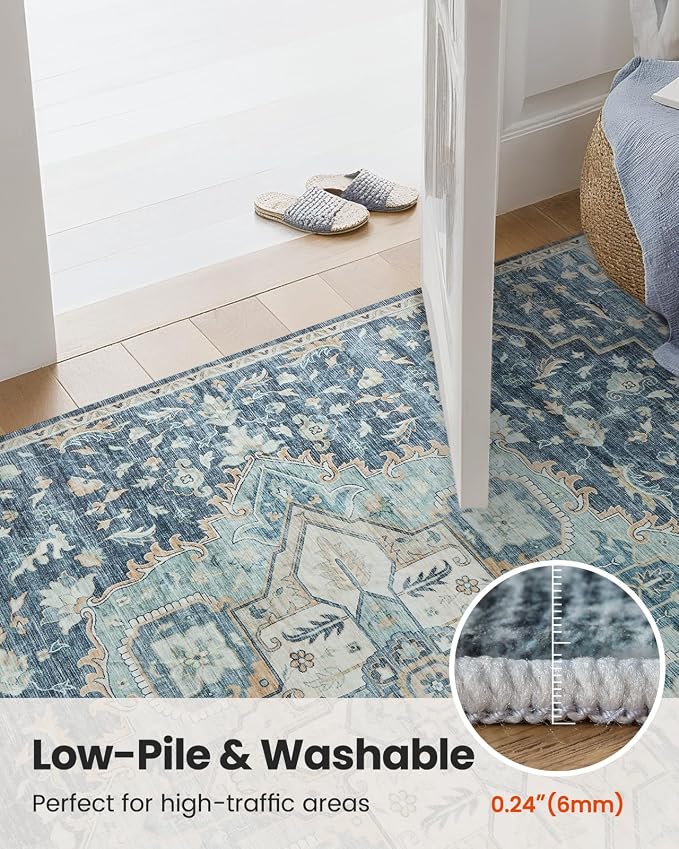 AMADA HOMEFURNISHING 2'6"x10' Washable Area Rug, Low-Profile Entryway Rug with Non-Slip Backing & Durable Edge Binding, Vintage Rug Pattern, Small Rugs for Entryway, Kitchen & Living Room