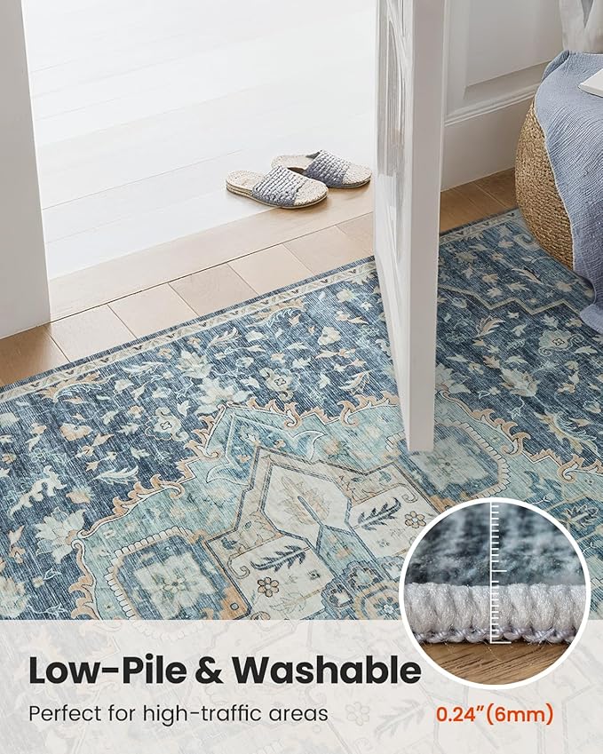 AMADA HOMEFURNISHING Washable Area Rug, Low-Profile Large Area Rug with Non-Slip Backing & Durable Edge Binding, Vintage Large Rugs for Living Room, Bedroom, Dinning Room (8x10, Blue/Yellow)