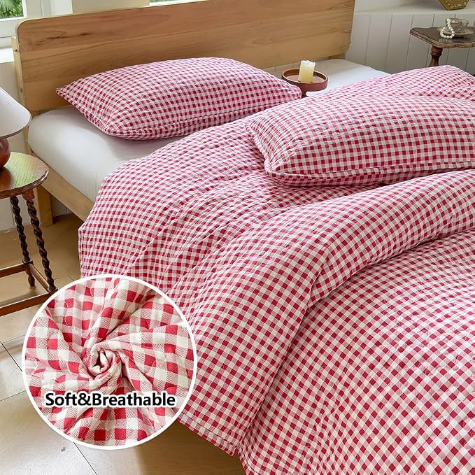 NSNLGSGC Red Gingham King Summer Bedspread Quilt Set | Pre-washed Microfiber,Lightweight Checked Grid Bedding Coverlets for All Seasons