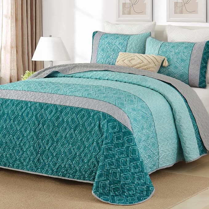 Cottolester Teal Quilt Set King Size,3 Pieces Blue Striped Plaid Bedspread | Soft Summer Lightweight Coverlets Set，Microfiber Patchwork Quilt Bedding Sets for All Seasons 110"x90"