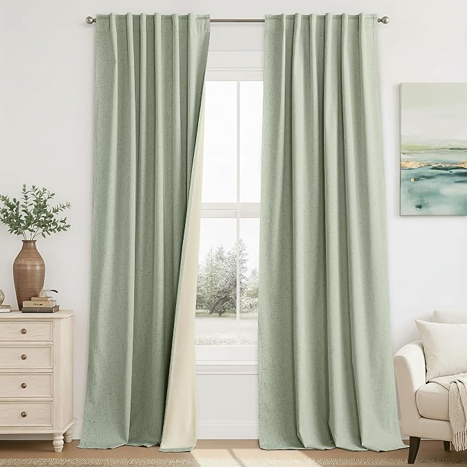 RYB HOME 100% Blackout Sage Green Linen Curtains, Light & Heat Blocking Thermal Privacy Protection Neutral Window Drapes for Living Room Bedroom, 52" W x 96" L, 2 Panels Set
