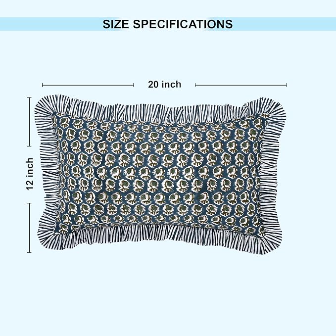 Ridhi Block Print Peacock Blue Ruffle Lumbar Pillow Shams, 20" x 12" Set-1 | 100% cotton, Floral Pillowcase, Cushion Cover, Hidden Zipper, Cottagecore Bedding, farmhouse boho style, fits couch, sofa,Bed