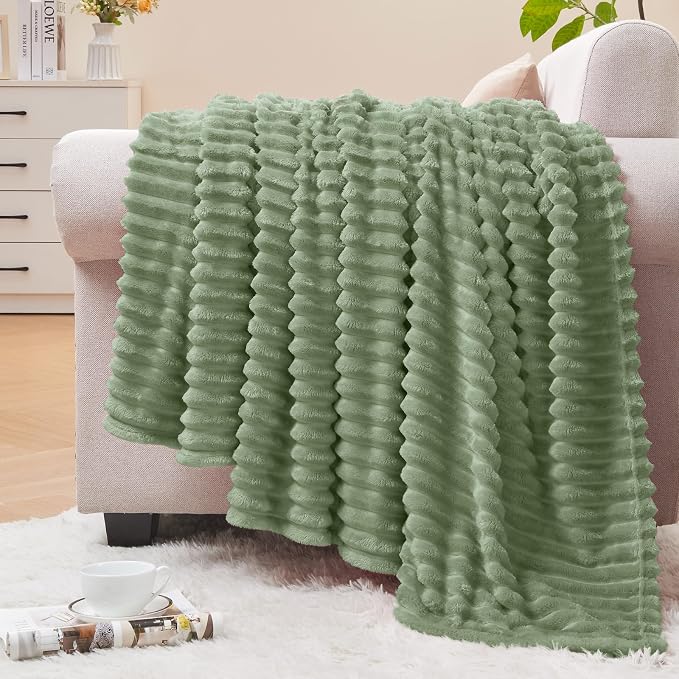 BEDELITE Ribbed Sage Grey Green Fleece Twin Blanket for Couch, 60x80 Inch | Soft Warm Fluffy Blanket for Bed Sofa College Dorm Room Decor, Luxury Cozy Plush Birthday Gifts for Women Girls, Lightweight