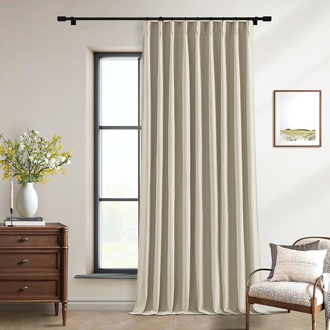 Burlywood Birch Pleated Blackout Linen 90 Inch Long Curtains 60 Inch Wide | 100% Black Out, Memory Trained, Pinch Pleat with Back Tab, Energy Efficient, Thermal Insulated Neutral Drapes W60xL90 1 Panel